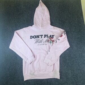 Popular Poison Don't Play With Me Hoodie Mens Small Pink Graphic Cotton Pullover